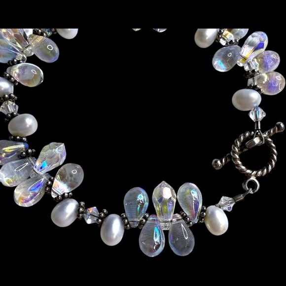 SWAROVSKI Crystal Genuine Freshwater Pearl and Aurora Borealis AB Teardrop Cryst - Picture 4 of 5